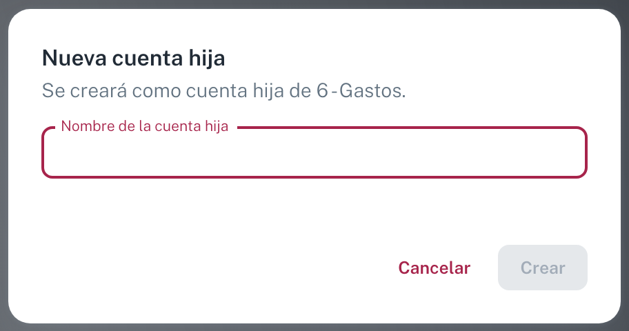 La ventana Nueva cuenta hija: avisa de que se creará como hija de 6 - Gastos, pide el nombre y ofrece Cancelar o Crear
