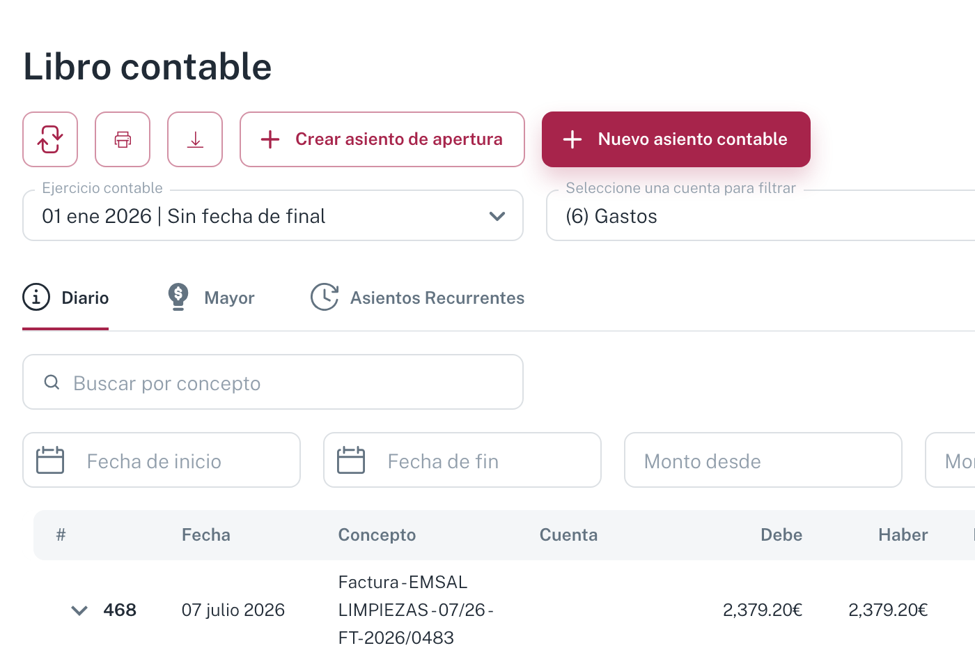 La pantalla Libro contable: los botones Crear asiento de apertura y Nuevo asiento contable, los selectores de ejercicio y cuenta, y las pestañas Diario, Mayor y Asientos Recurrentes