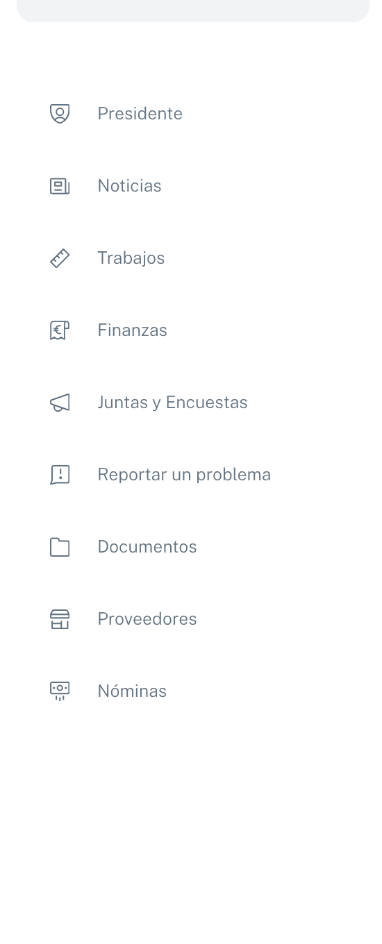 El menú del portal del propietario: Presidente, Noticias, Trabajos, Finanzas, Juntas y Encuestas, Reportar un problema, Documentos, Proveedores y Nóminas