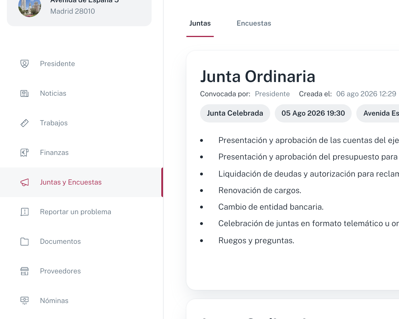 La sección Juntas y Encuestas del portal del propietario