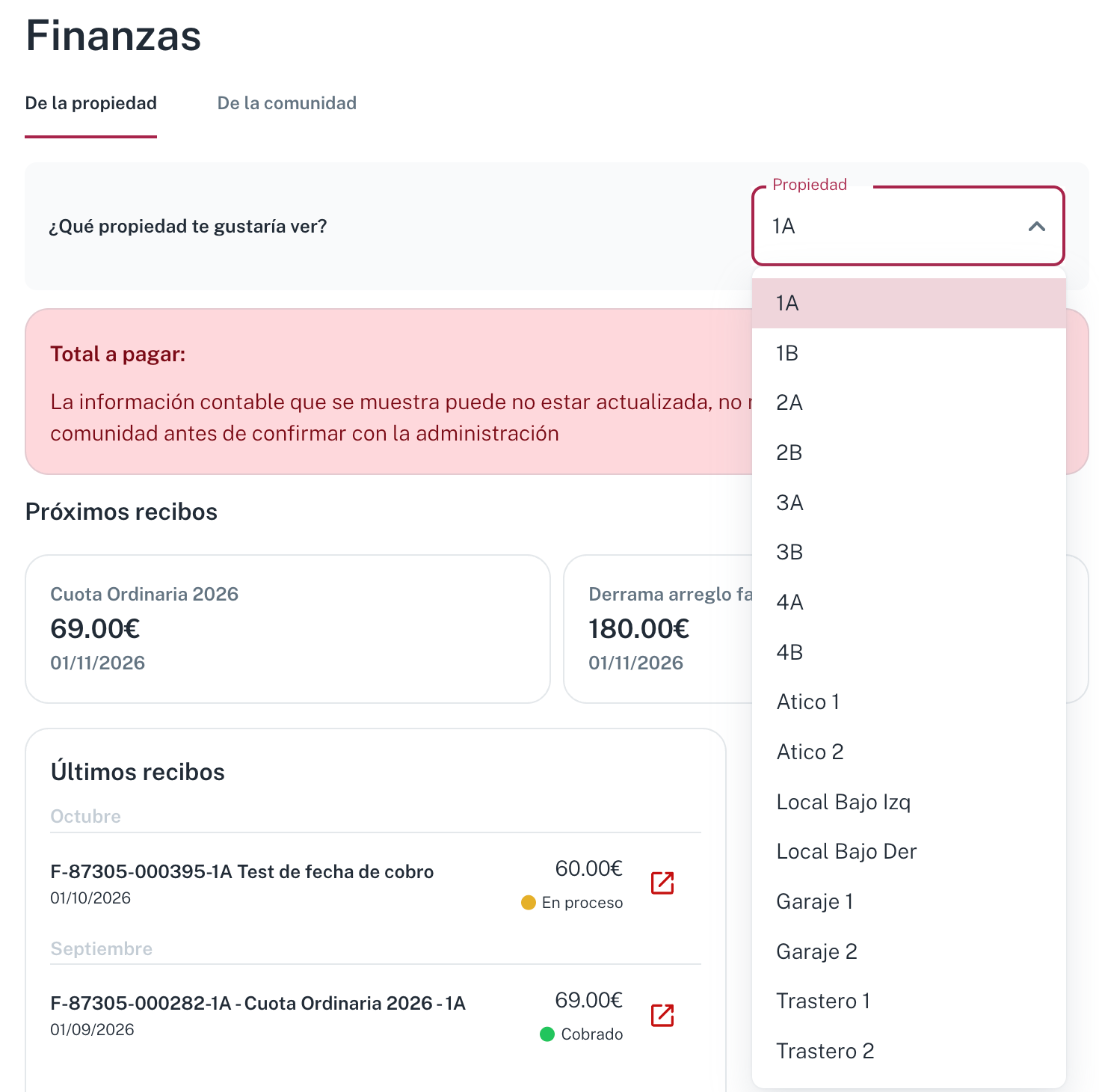 En Finanzas, pestaña De la propiedad, el selector «¿Qué propiedad te gustaría ver?» lista todas tus propiedades