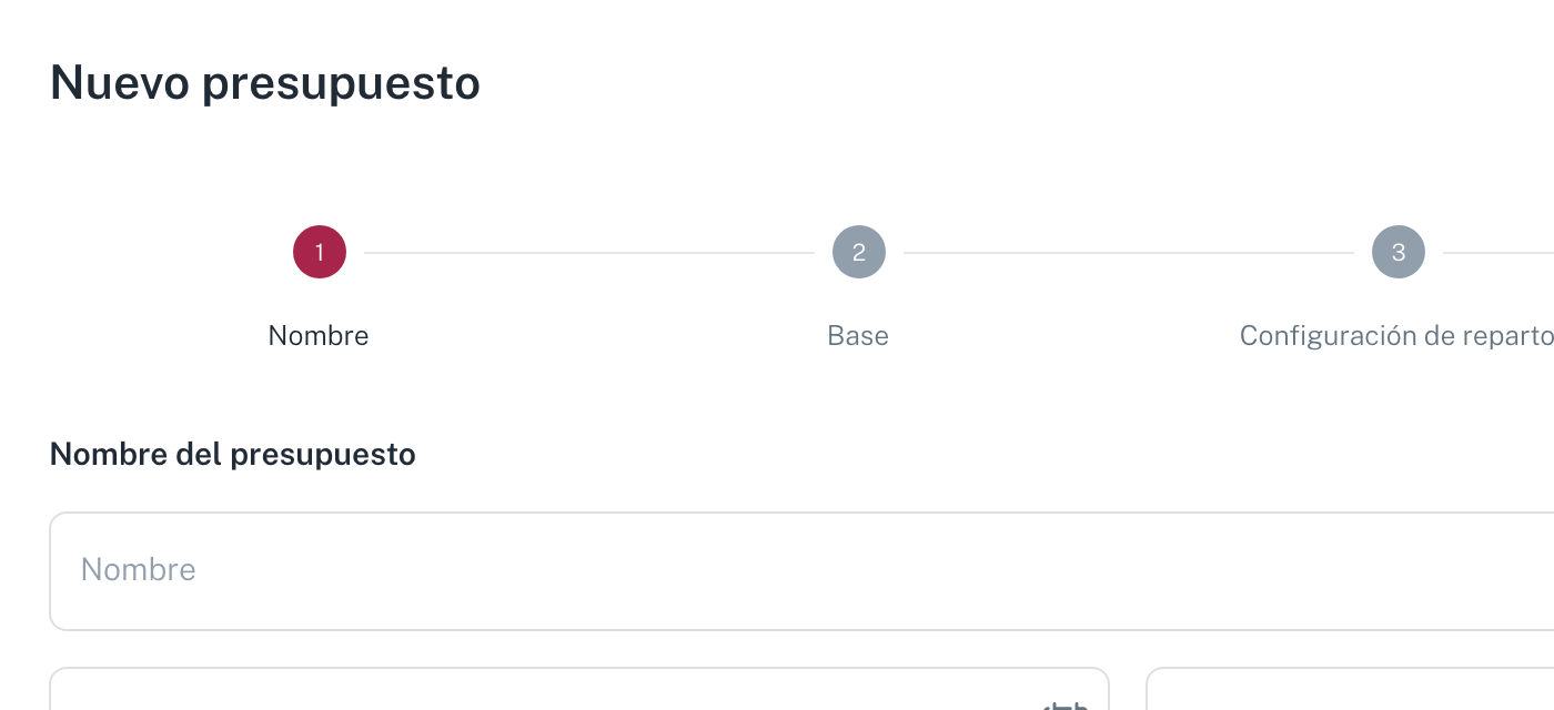 El paso 1, con nombre, inicio y fin del presupuesto