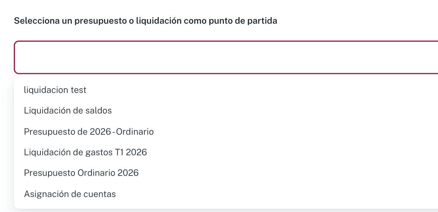 El paso 2, con el desplegable de presupuestos y liquidaciones que pueden servir de base