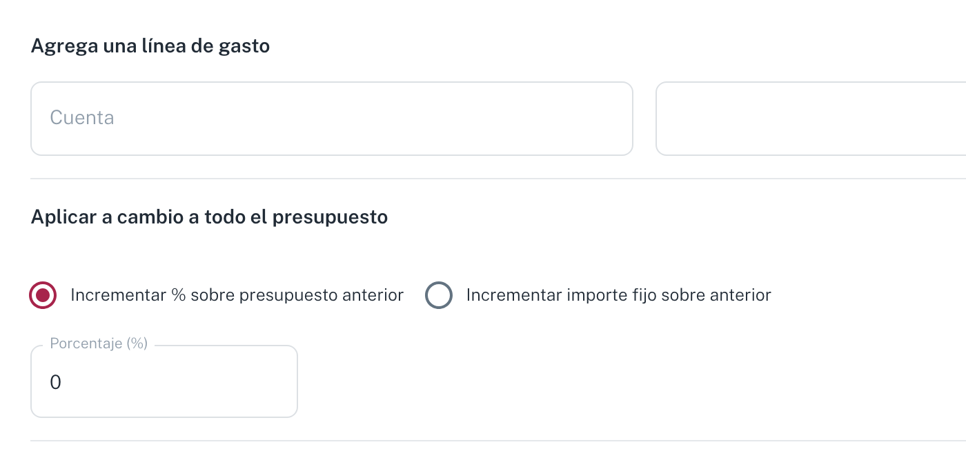 El paso 3, con la línea de gasto, el incremento sobre el presupuesto anterior y la tabla de cuentas