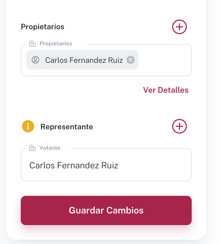 El bloque Propietarios: el propietario actual con su X para quitarlo, el + para añadir, Ver Detalles, el Representante con su Votante y el botón Guardar Cambios