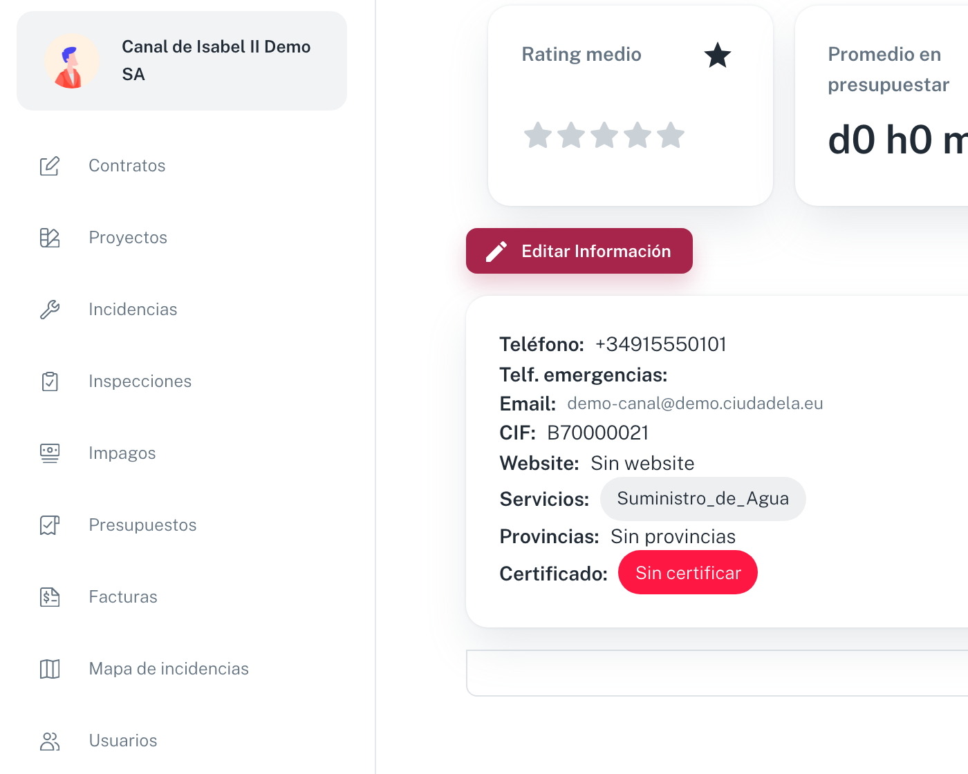El portal del proveedor: el menú con Contratos, Proyectos, Incidencias, Inspecciones, Impagos, Presupuestos, Facturas, Mapa de incidencias y Usuarios, y la ficha con los datos de contacto y el estado del certificado