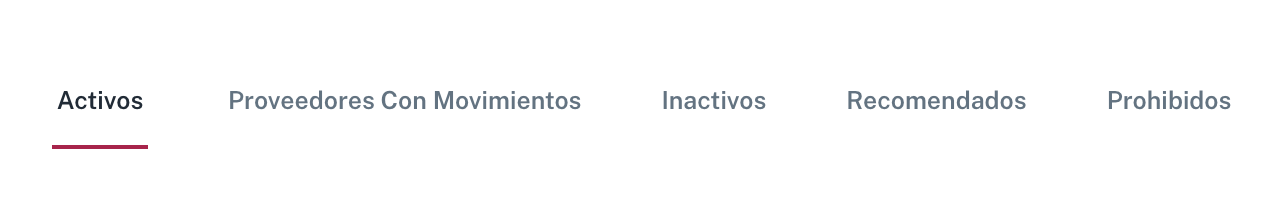 Las cinco pestañas de Proveedores: Activos, Proveedores Con Movimientos, Inactivos, Recomendados y Prohibidos