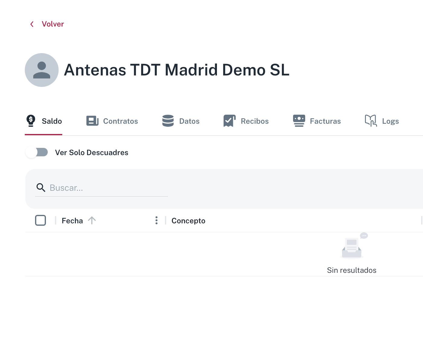 El perfil del proveedor dentro de la comunidad, con las pestañas Saldo, Contratos, Datos, Recibos, Facturas y Logs