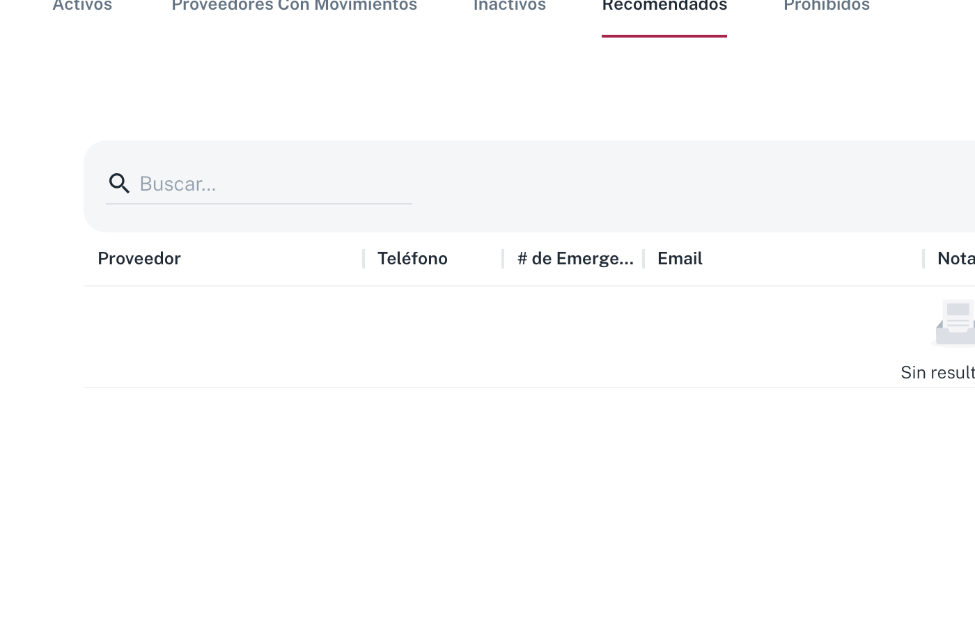 La pestaña Recomendados: las columnas cambian a Proveedor, Teléfono, # de Emergencia, Email y Notas