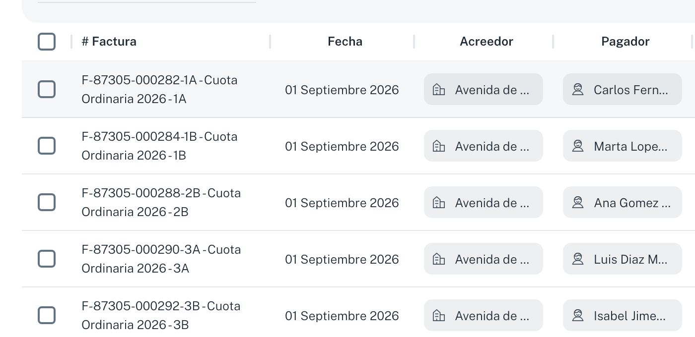 La tabla de recibos con número de factura, fecha, acreedor, pagador, deudor, estado, total y acciones