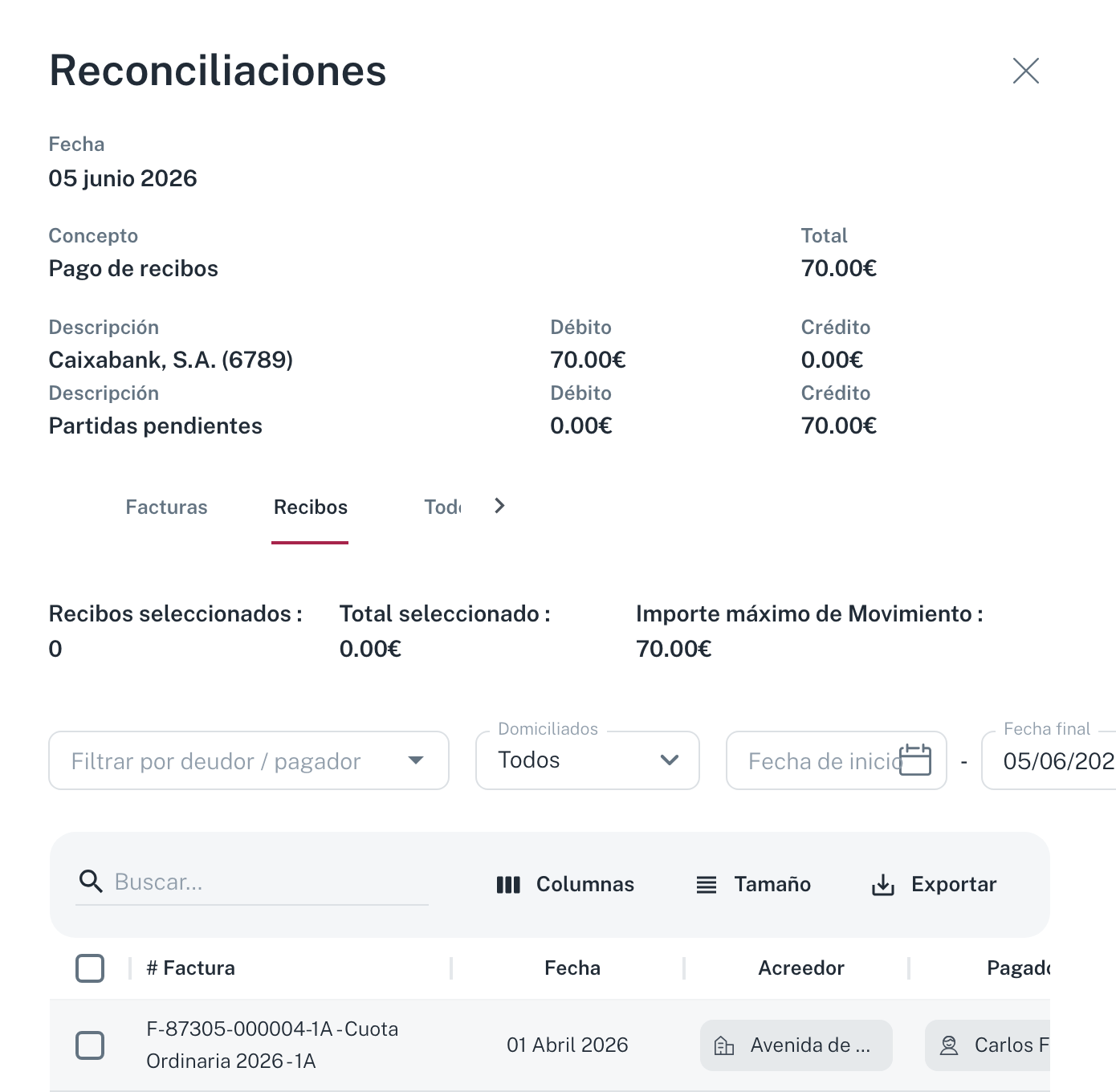 La ventana Reconciliaciones: arriba el desglose Débito/Crédito del movimiento, debajo las pestañas Facturas / Recibos / Todos y los tres contadores