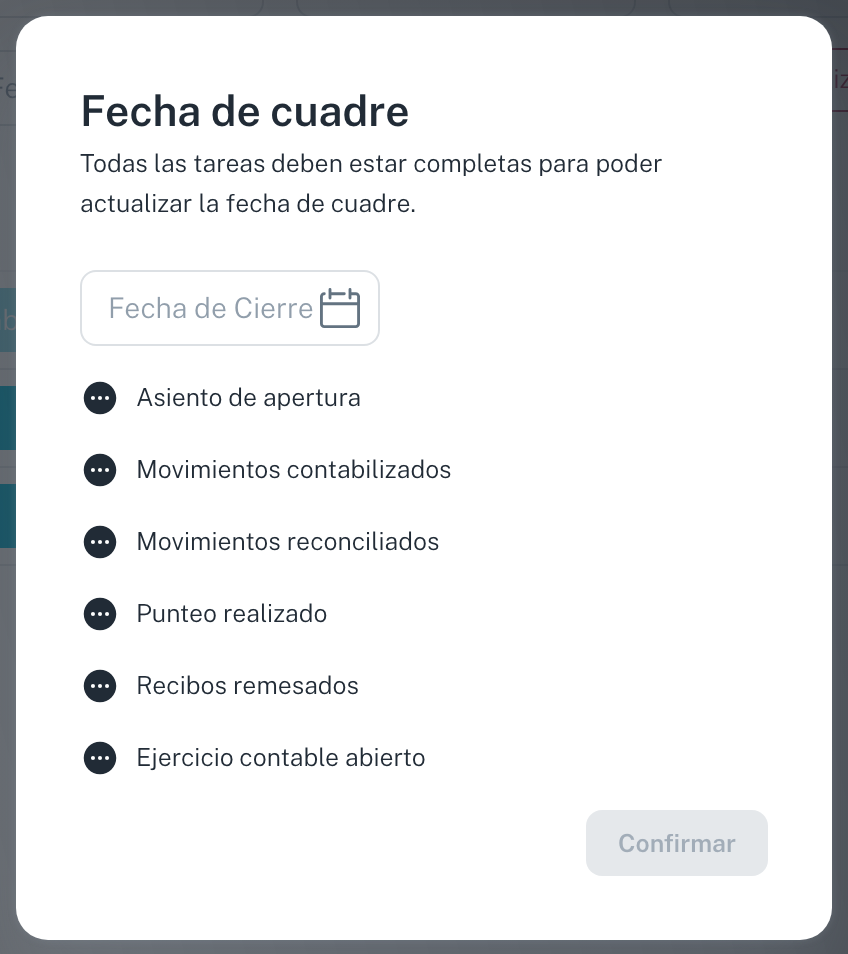 La ventana de Fecha de cuadre enumera los seis requisitos que deben estar completos antes de poder fijarla