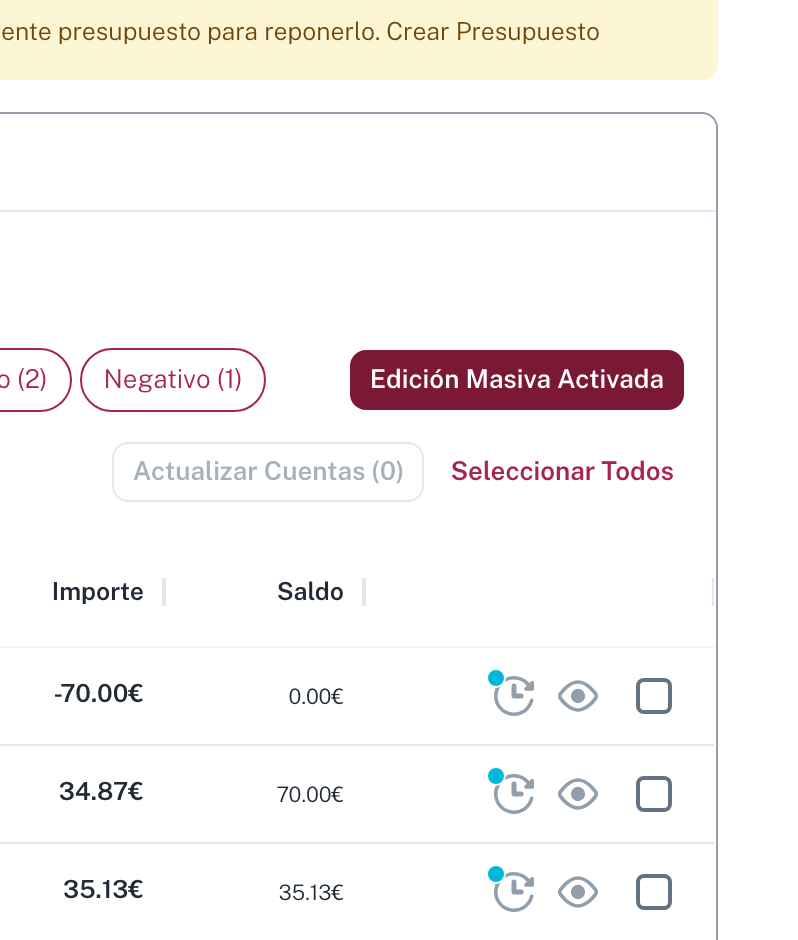 Con el modo activo el pill dice Edición Masiva Activada y aparecen Actualizar Cuentas (0) y Seleccionar Todos