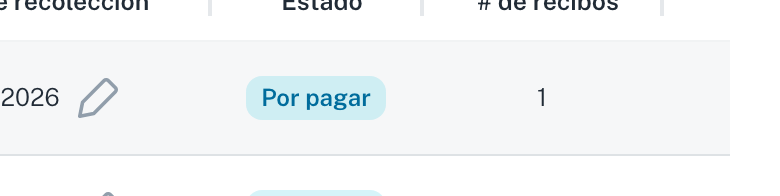 Los seis iconos de la fila de una remesa: editar fecha de recolección, Cancelar N19, Por reconciliar, Descargar, Ver XML y notas