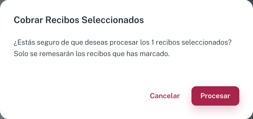 El diálogo de confirmación: Cancelar a la izquierda y Procesar, en rojo, a la derecha