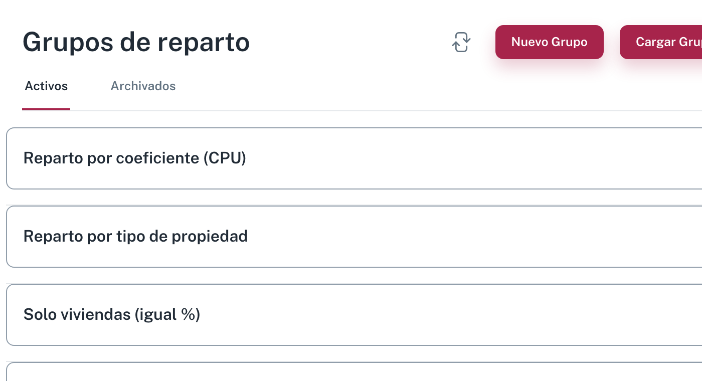 El listado de grupos de reparto, con los cinco que trae Ciudadela y los botones Nuevo Grupo y Cargar Grupos CSV