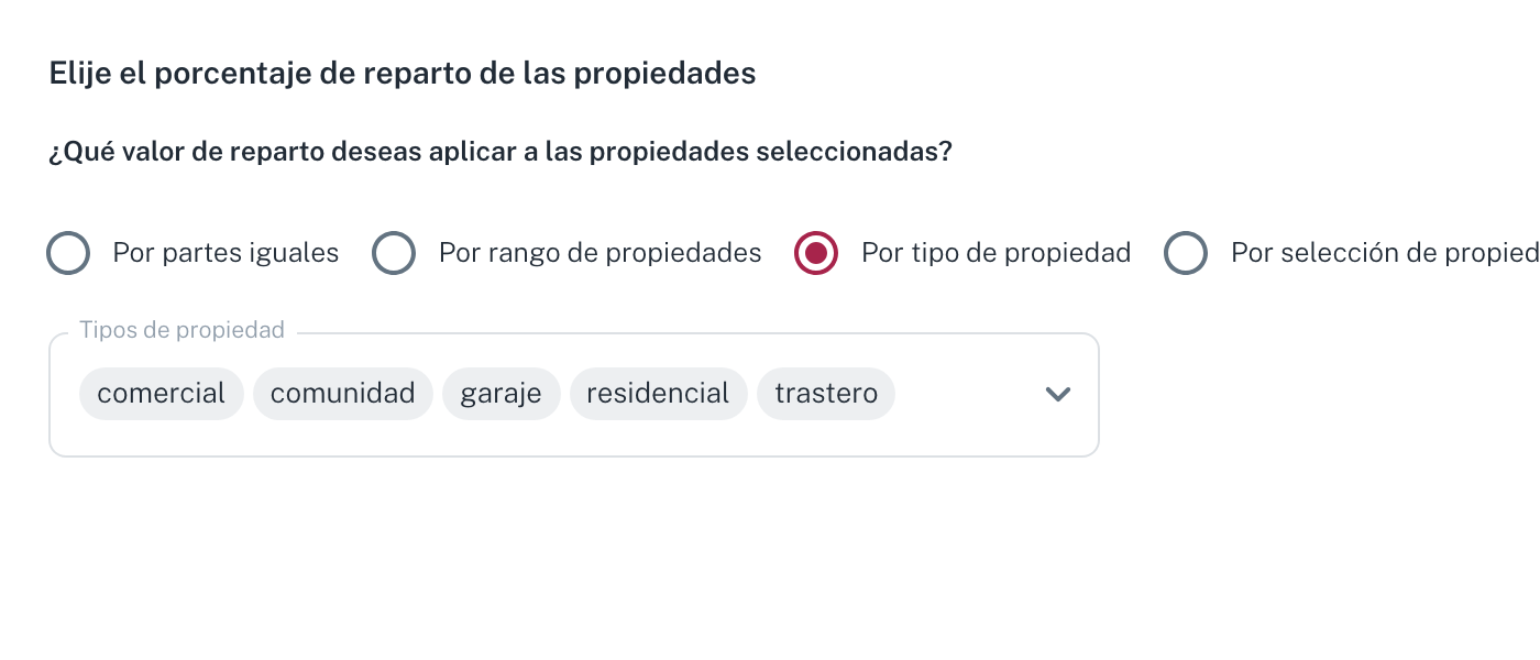 La opción por tipo de propiedad, con los tipos comercial, comunidad, garaje, residencial y trastero