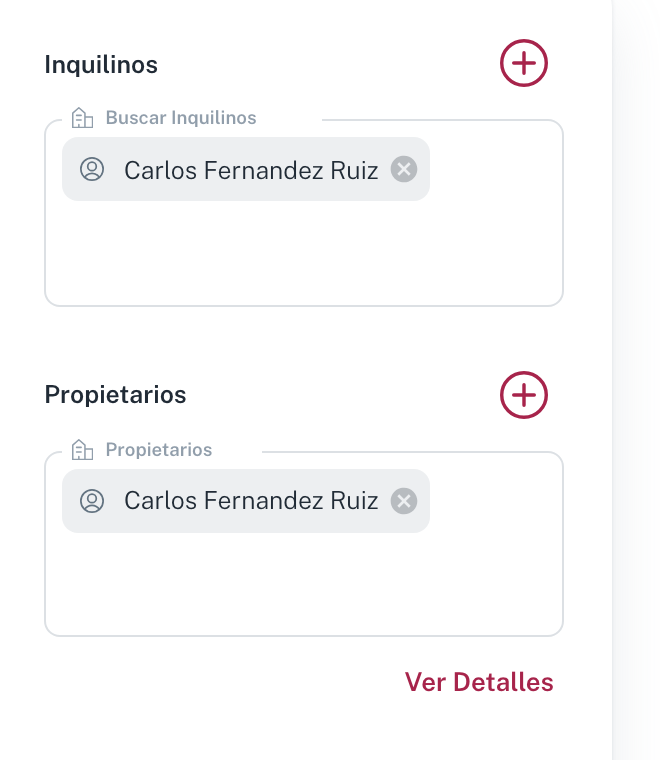 El panel derecho de la propiedad, con Inquilinos, Propietarios y Representante