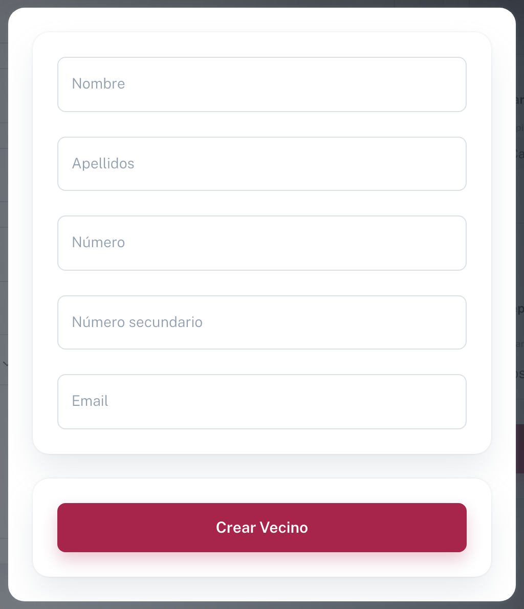 El diálogo "Crea un vecino nuevo" con Nombre, Apellidos, Número, Número secundario y Email