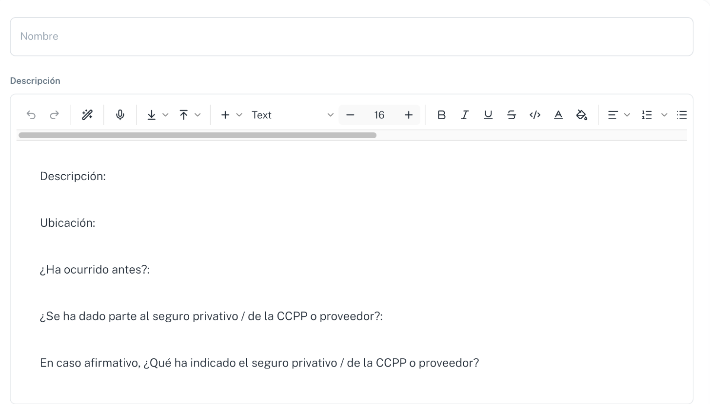 La descripción de una incidencia nueva ya trae la pregunta de si se ha dado parte al seguro