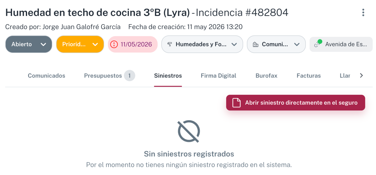 La pestaña Siniestros de la incidencia, con el botón para abrir el siniestro arriba a la derecha