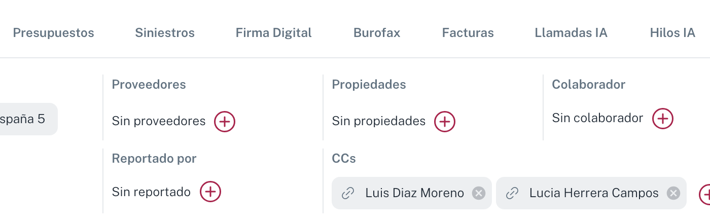 La fila de proveedores, propiedades, colaborador, reportado por y CCs, cada uno con su botón de añadir
