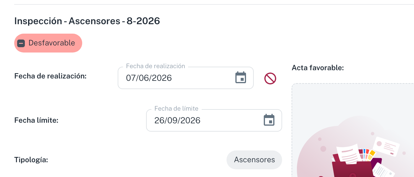 El bloque específico del tipo de tarea, en este caso una inspección