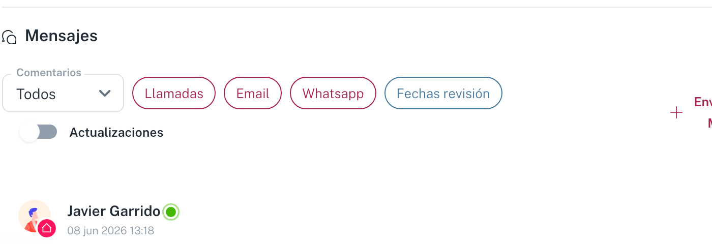 El bloque de mensajes, con los filtros por canal y los botones de enviar mensaje y comentar