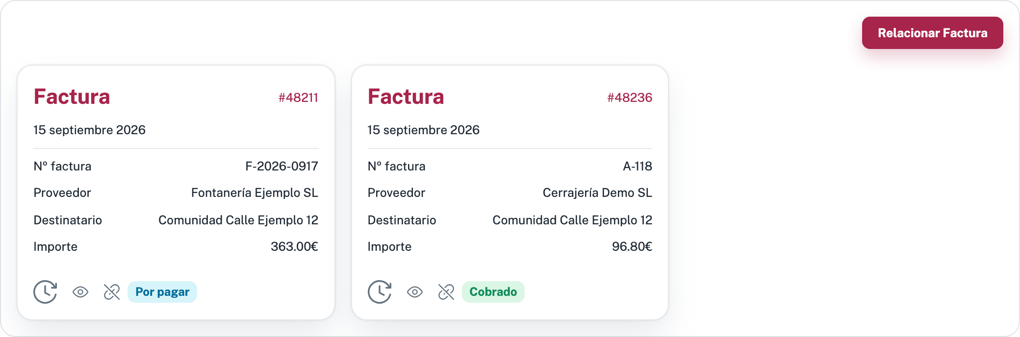 La pestaña Facturas de una tarea con dos tarjetas de factura; en cada una, junto al historial y al ojo de ver archivo, el icono del eslabón roto para desvincularla