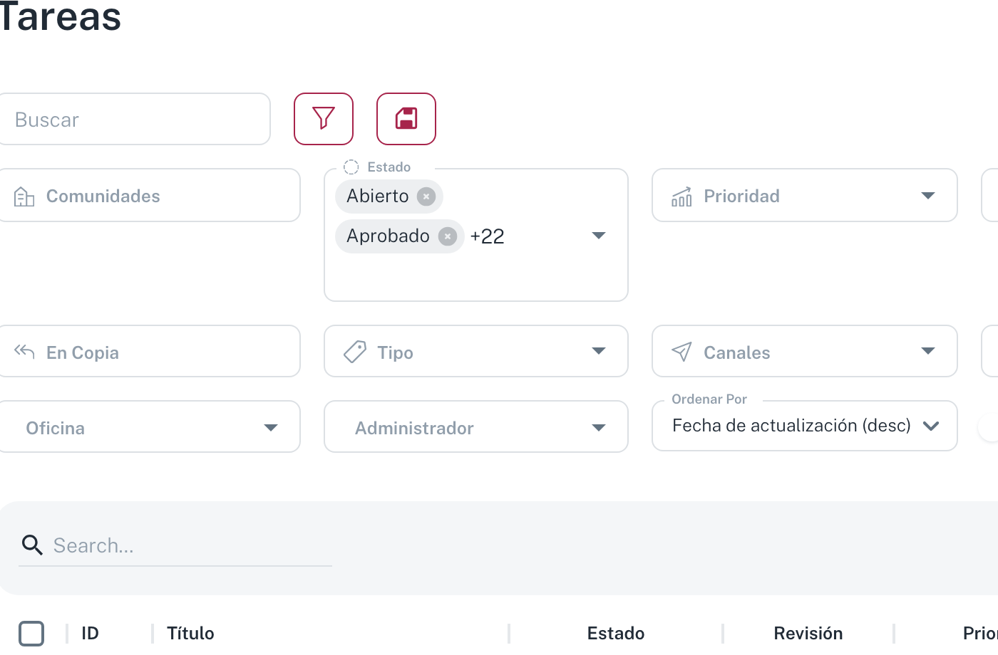 El panel de filtros de Tareas: Comunidades, Estado, Prioridad, En Copia, Tipo, Canales, Oficina, Administrador y Ordenar Por