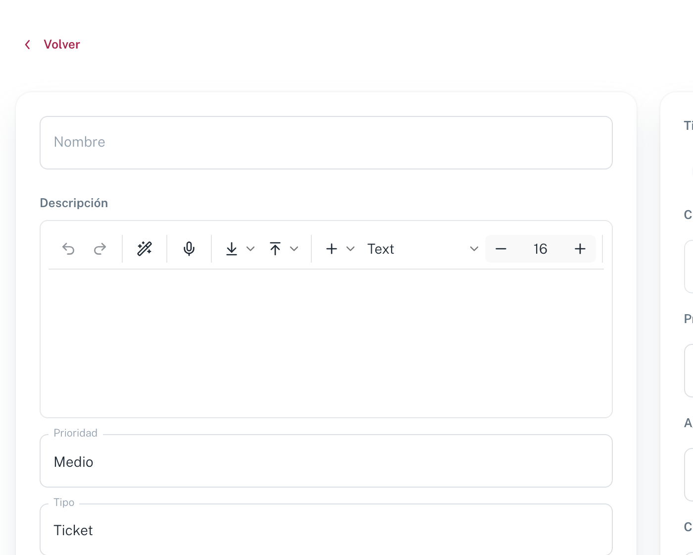 El formulario de una tarea nueva: Nombre, la Descripción con editor enriquecido, Prioridad y Tipo