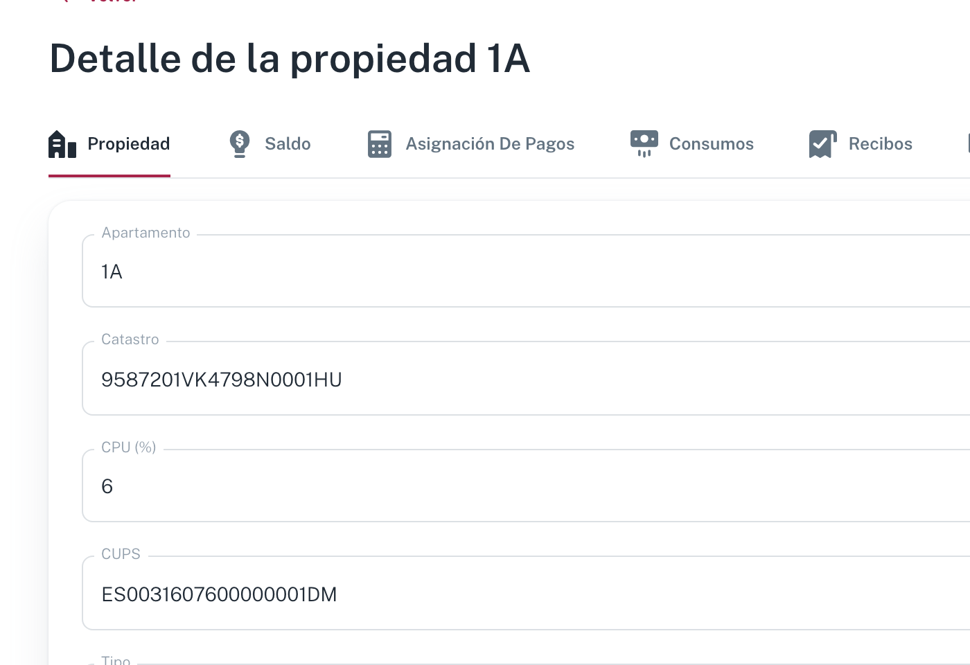 La ficha de la propiedad con sus pestañas y los campos Apartamento, Catastro, CPU (%) y CUPS