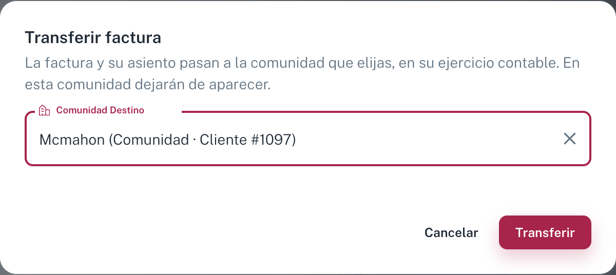 Ventana Transferir factura con la comunidad destino elegida y los botones Cancelar y Transferir