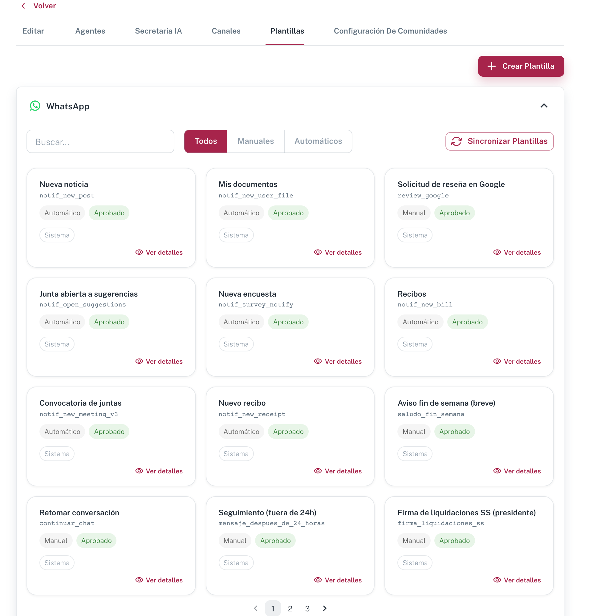 La lista de plantillas de WhatsApp de la oficina, cada una con su identificador y sus etiquetas