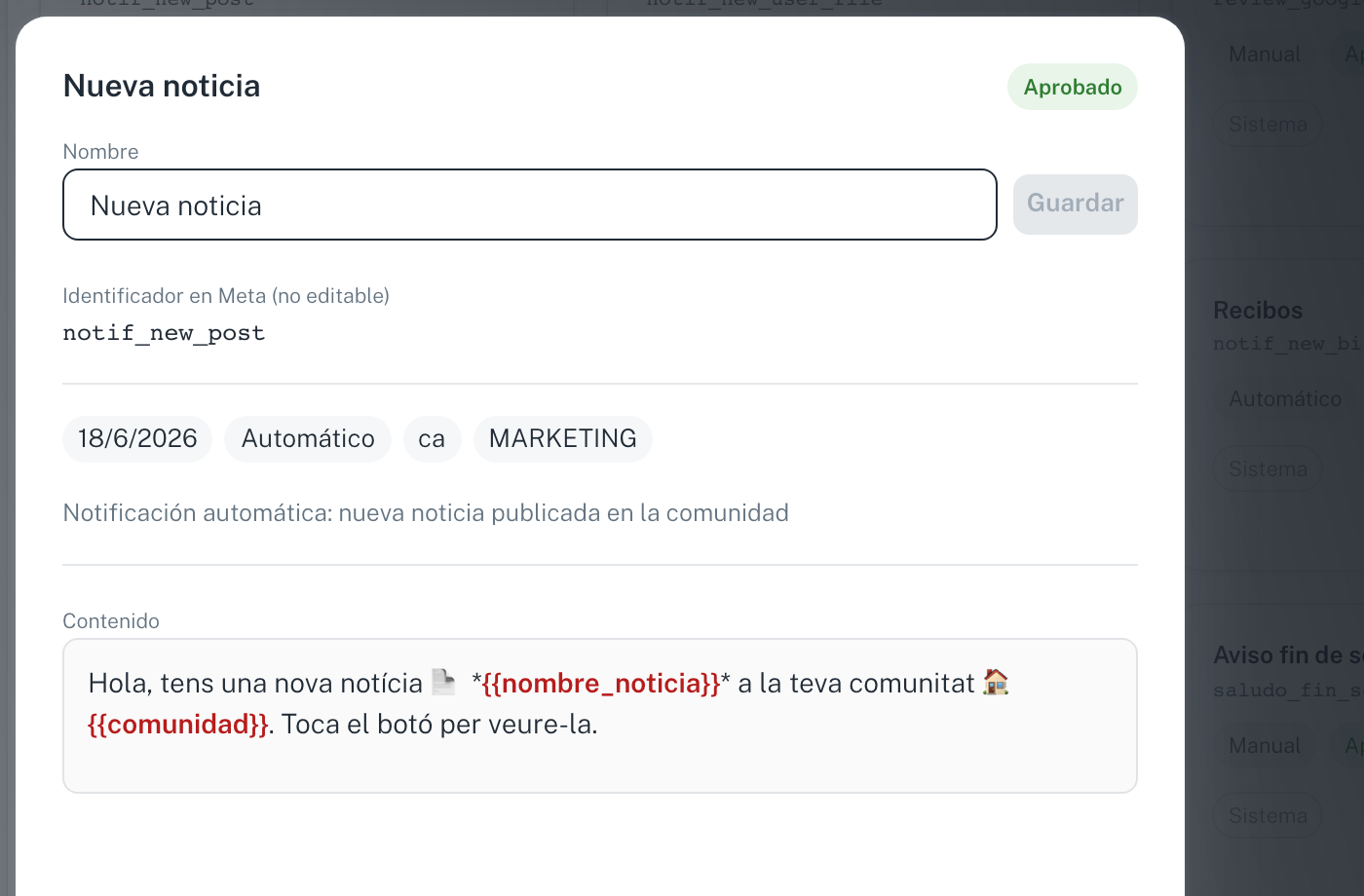 El detalle de una plantilla, con su identificador de Meta, categoría, encabezado y contenido