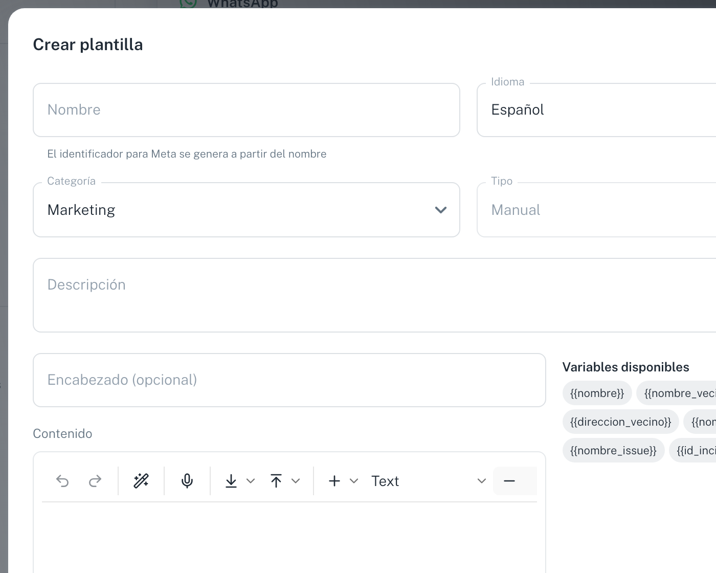El formulario de crear plantilla, con nombre, idioma, categoría, tipo, descripción, encabezado, contenido y las variables disponibles