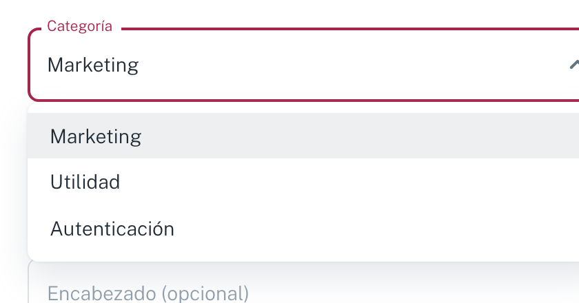 El desplegable de categoría, con Marketing, Utilidad y Autenticación