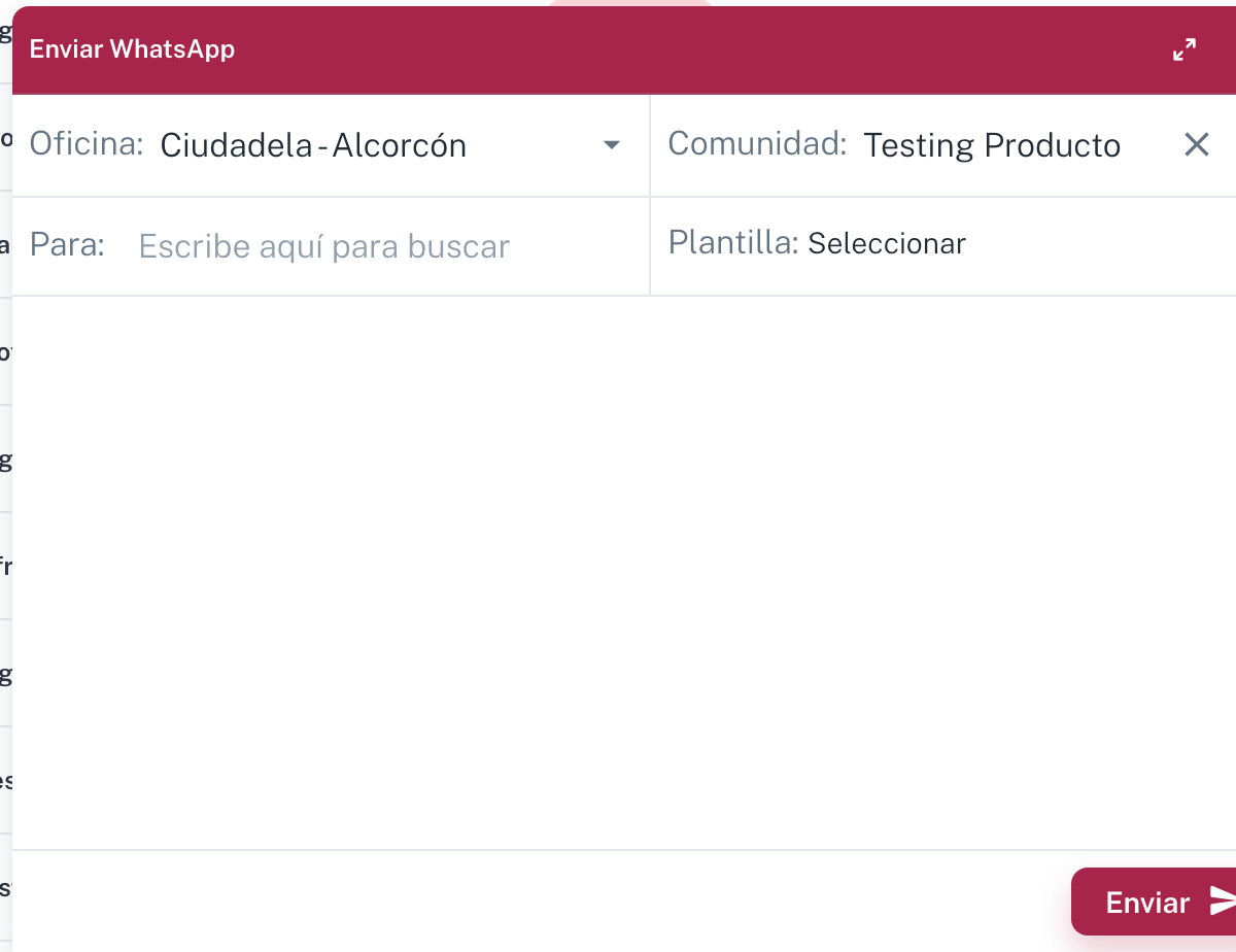 El panel Enviar WhatsApp, con oficina, comunidad, destinatario, plantilla y la previsualización del mensaje