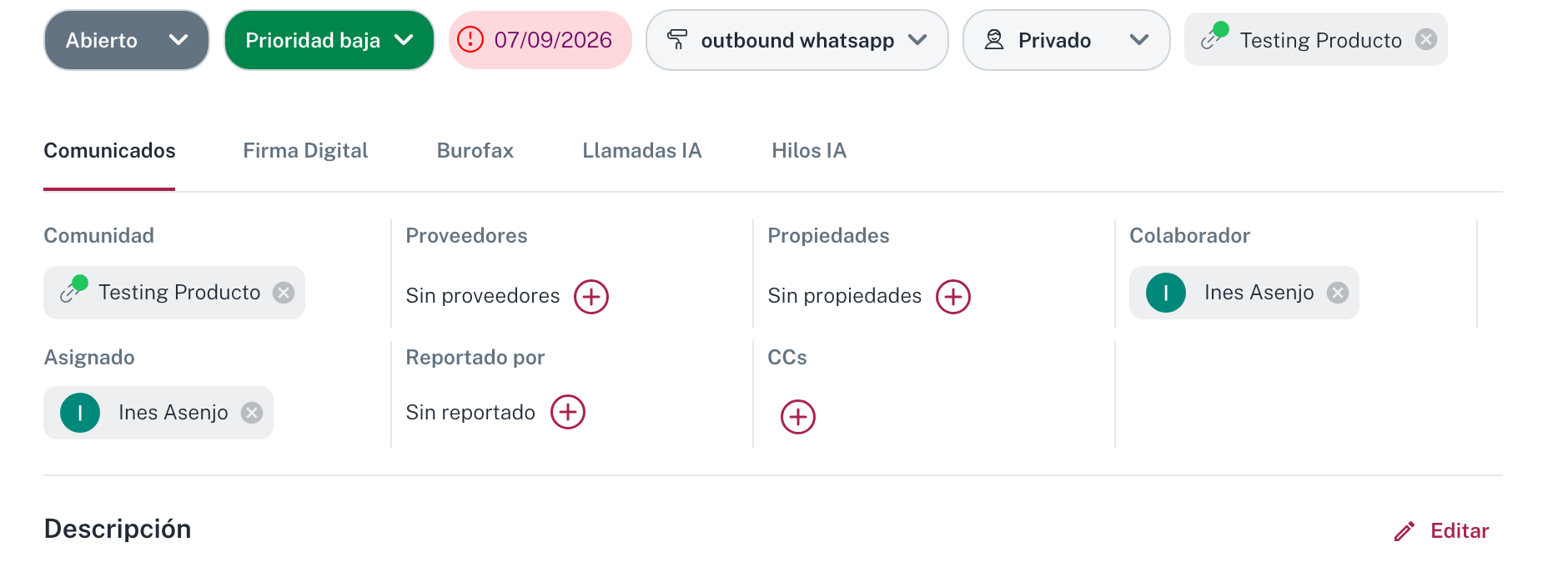 El ticket que genera el envío, marcado como outbound whatsapp